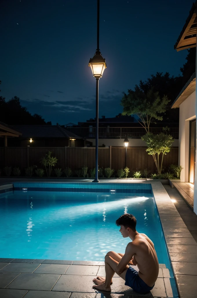 A man sitting near a swimming pool, Wear long shorts., Night light view, half moon, Blue lights under the swimming pool, lantern light, realist