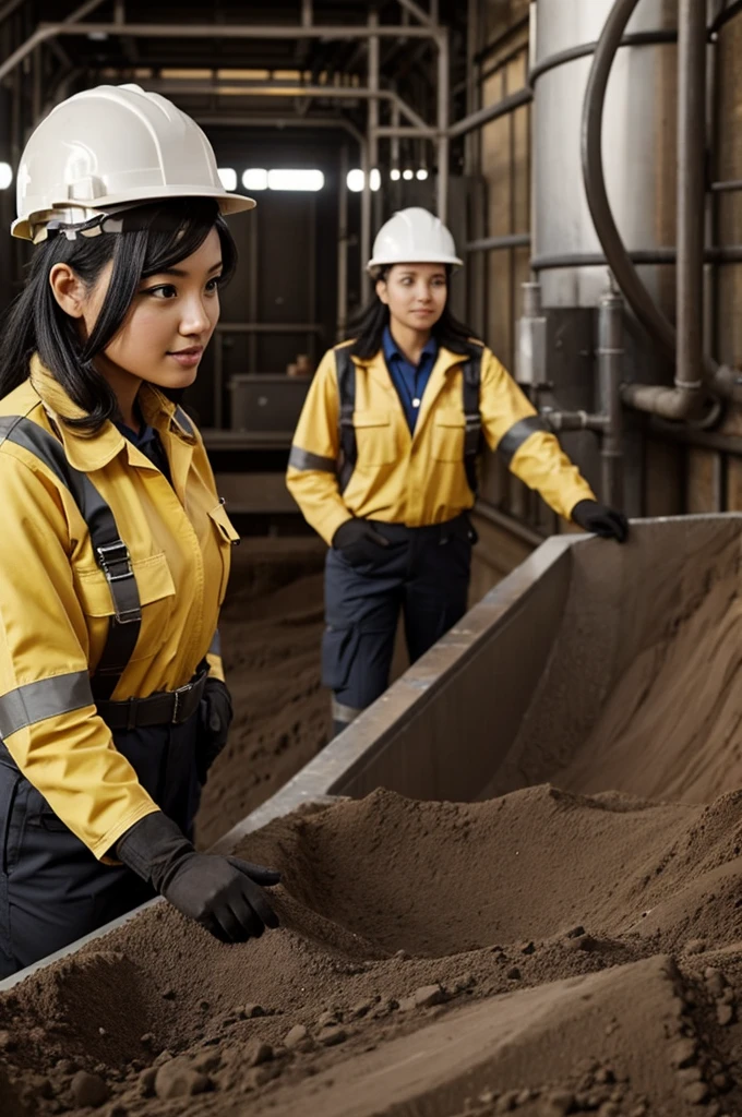 A black-haired female engineer working in the mining industry with her co-workers