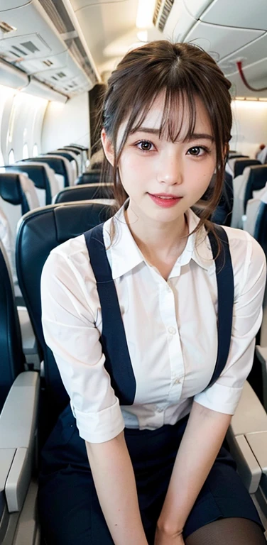 masterpiece, One beautiful girl, Detailed eyes, Swollen eyes, Highest quality, 超High resolution, (reality: 1.4), Original photo, One girl, Cinema Lighting, Japanese, Asian Beauty, Korean, Very very beautiful, Beautiful skins, thin, Front facing body, (超reality的な), (High resolution), (8k yen), (Very detailed), (Best illustrations), (Beautiful and detailed eyes), (Ultra-detailed), Detailed face, Looking at the audience, Look straight ahead, Neat Clothing, No sleeve、Put your hair up、Black-haired、46 point diagonal bangs、White background、Clean room、(Stewardess uniform、In-flight、pantyhose、Laughter、Breasts are breaded、Blouse is tight