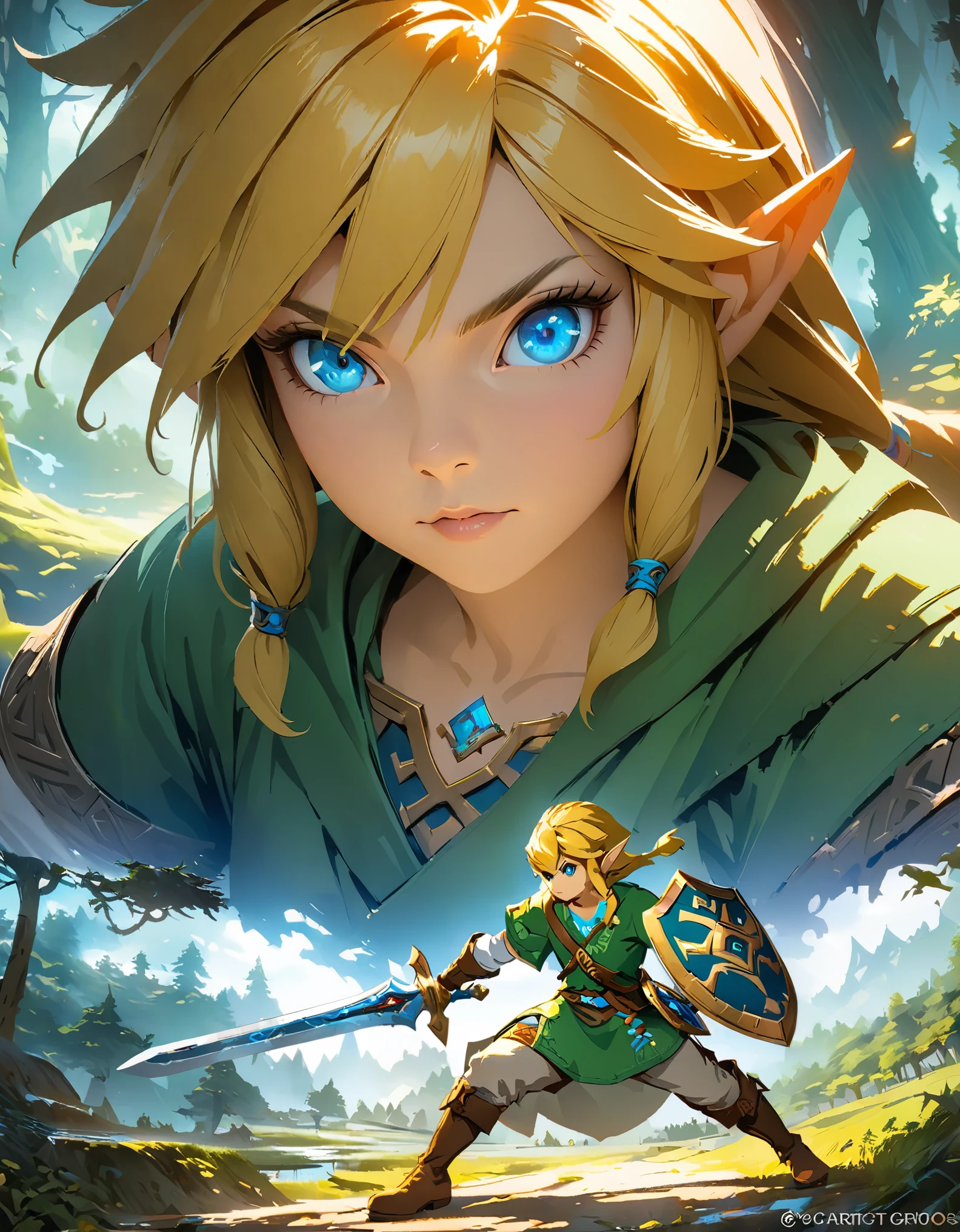 The Legend of Zelda, Link, Long blonde hair and blue eyes, Wearing a green tunic and brown leather boots, With a sword and shield, Forest Trees々を背景にした壮大なFantasyの風景, (Detailed face), Intricate details, Ready your sword, Action Scenes, Face Close Up, Bright colors, Dramatic lighting, Fantasy, Concept Art, Digital Painting, (Highest quality, 8K, High resolution, masterpiece:1.2), Super detailed, (Computer Graphics, Digital Artistic:1.37).