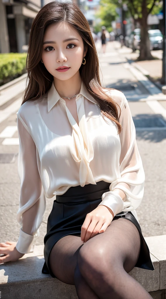 ulzzang-6500-v1.1,(RAW Photos:1.2), (See-through:1.3), (Genuine:1.4), 美しい公園の芝生にSitting上流階級の女性, Sitting, Random elegant pose, wear an ultra-thin silk blouse over naked、wear ((See-through silk blouse:1.3)), Incredible beauty、Pantyhose and skirt, (Ultra-realistic pantyhose:1.3)、Elegant Japan Woman, Korean Model、Ultra-thin white shirt and gray skirt, Transparent grey skirt, Japanese Model, wear a blouse, Street fashion in Japanese cities, Japanese Street Fashion, Wearing long, loose clothing, Dressed in fluent clothes, Very cute model, wear a white blouse, Cute and elegant pose、Grin、 RAW Photos, (In 8K、Highest quality、masterpiece:1.2)、(Intricate details:1.4)、(Photorealistic:1.4)、Octane Rendering、Complex 3D rendering with ultra-detail, Sharp focus, Vivid details, Super Detail, Realistic skin texture, Detailed aspect, Beautiful details in the eyes, Highly detailed CG Unity 16k wallpaper, Makeup, (Detailed Background:1.2), Realistic skin texture、Glowing Skin、Exposed thighs!!!、