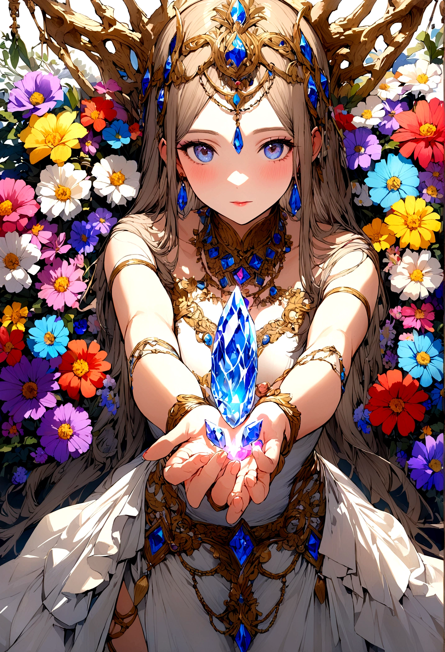 A real female goddess、Facing forward、Colorful flowers around、I have a crystal in my hand
