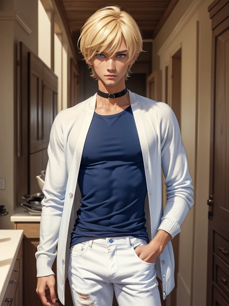 (best quality), 1boy, male, tanned skin, blonde hair, short hair, side bangs, beautiful hairstyle, blue eyes, perfect eyes, white cropped cardigan, blue shirt, skinny jeans, choker, mboy, slender, handsome, attractive, skinny body, masterpiece, anatomically correct, highres