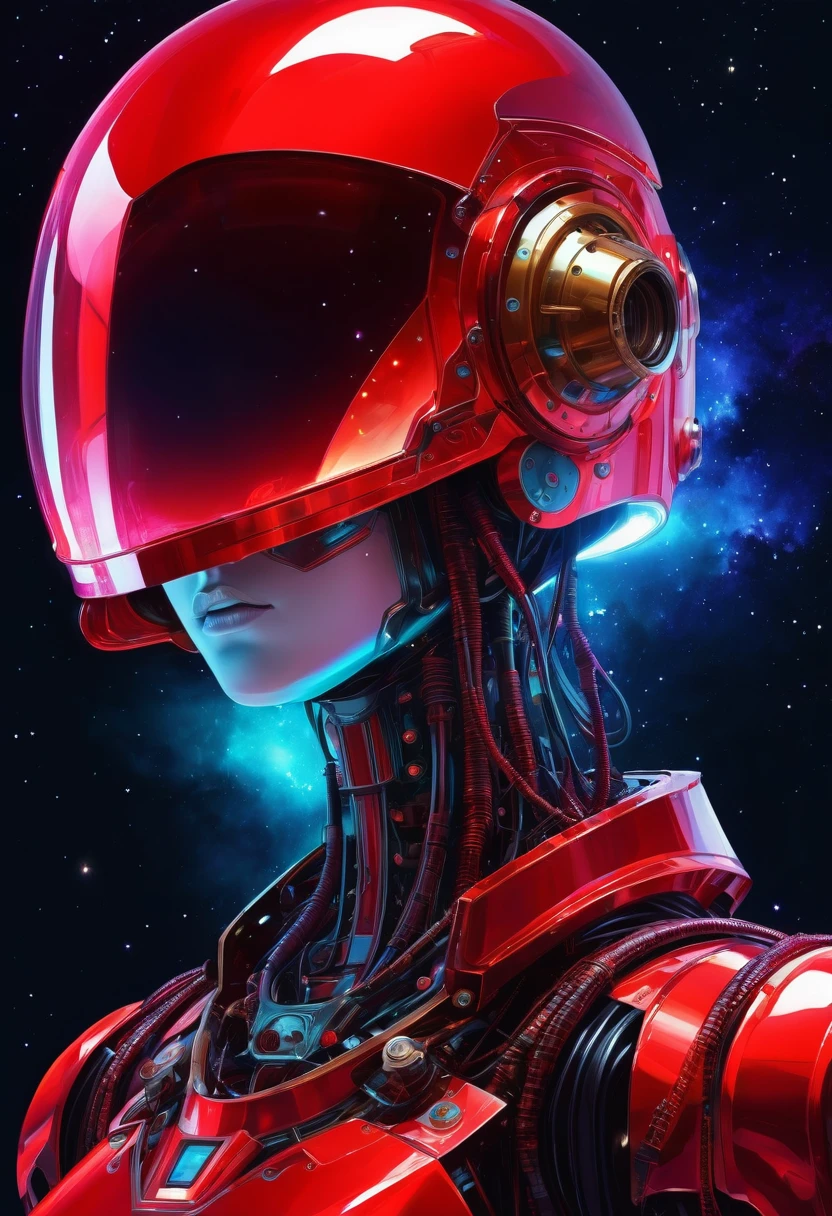 Space art galaxy landscape, conceptual artwork, vector, check detailed information, octane rendering, Ultra high qualiy, ultra-high resolution, painting-like, Conrad Roset close-up drawing, (detail mechanical eyes:1.5), reflections in the helmet of a giant robot (bright red neon glass transparent helmet:1.8), bioluminescence, fluorescent helmet, the robot aged with moss on its rusty bronze armor, natta, moonlight shadows, dramatic lighting, Surrealism pop gradiente, Detailed RANGE, (darkness:1.3), (Very Detailed Shadows:1.3), absolute shadows, absolute darkness, body silhouette, The robots&#39; armor is full of scratches, All the shells have lost their reflections, Only a little red light is revealed by the opaque mask, engine unreal, Surrealism, high qualiy