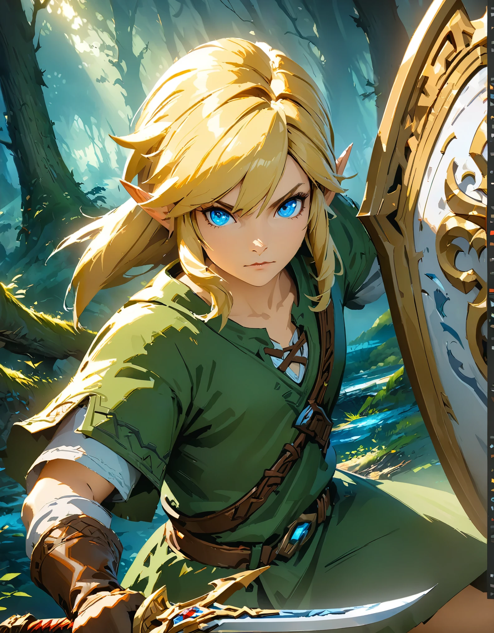 The Legend of Zelda, Link, Long blonde hair and blue eyes, Wearing a green tunic and brown leather boots, With a sword and shield, Forest Trees々を背景にした壮大なFantasyの風景, (Detailed face), Intricate details, Ready your sword, Action Scenes, Face Close Up, Bright colors, Dramatic lighting, Fantasy, Concept Art, Digital Painting, (Highest quality, 8K, High resolution, masterpiece:1.2), Super detailed, (Computer Graphics, Digital Artistic:1.37).