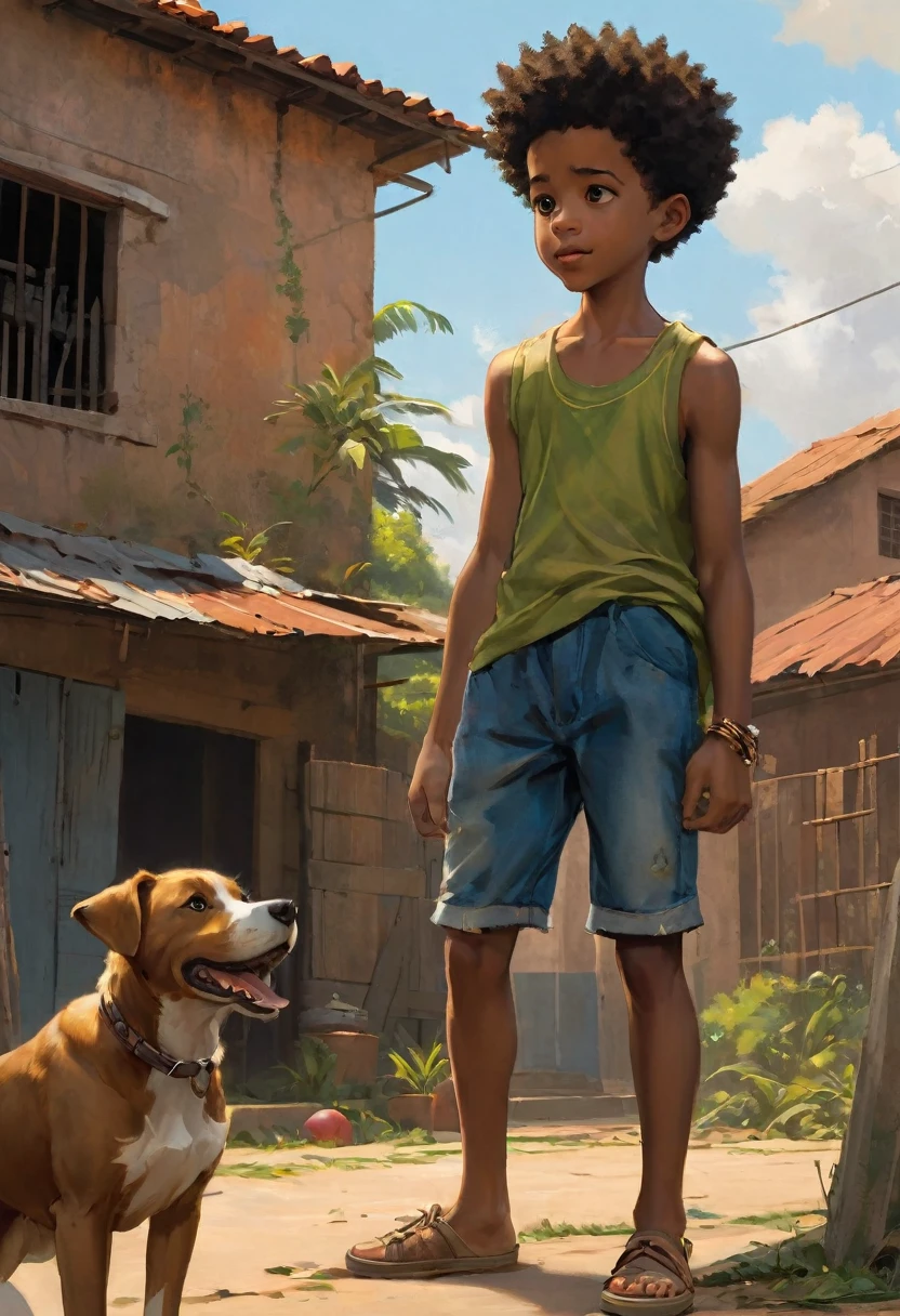 A poor Afro-Brazilian boy in a typical Brazilian house drawn by Todd McFarlane and Greg Capullo, he is wearing old and torn clothes, he is playing with a soccer ball and playing with his dog, a backyard of a typical Brazilian house in the background, brown dog typical of Brazil, the dog tries to bite the ball, Robert Downey Jr Reference.., engine unreal, octane rendering, por Jacob Lawrence e Francis picabia, perfect composition, beautiful detailed intricate insanely detailed octane rendering trending on artstation, 8k art photography, photorrealistic concept art, soft natural volumetric cinematic perfect light, Bright dark, rewarded photography, artwork, oil on canvas, rafael, caravaggio, Greg Rutkowski, beetle, Beksinski, giger, beautiful perfect face with perfect face, with two large central incisors and visible gums, the detail, highy detailed, photo realist