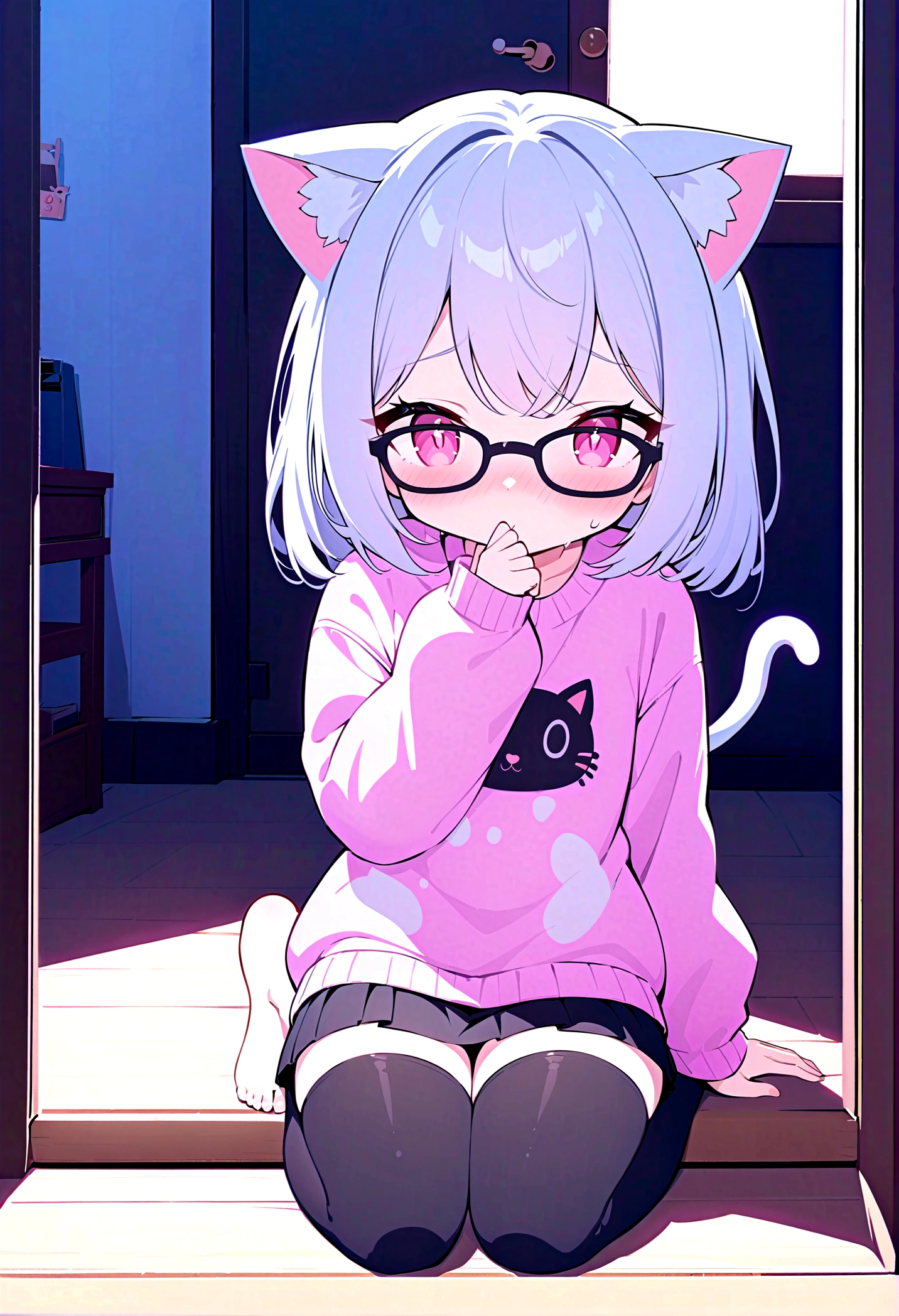 I have white pink hair, cat ears, a bow, my face is super blushing, black glasses, pink heart eyes, a big pink sweatshirt, a black skirt, black stockings, what&#39;s up, barefoot, a cat&#39;s tail, a girl Very shy