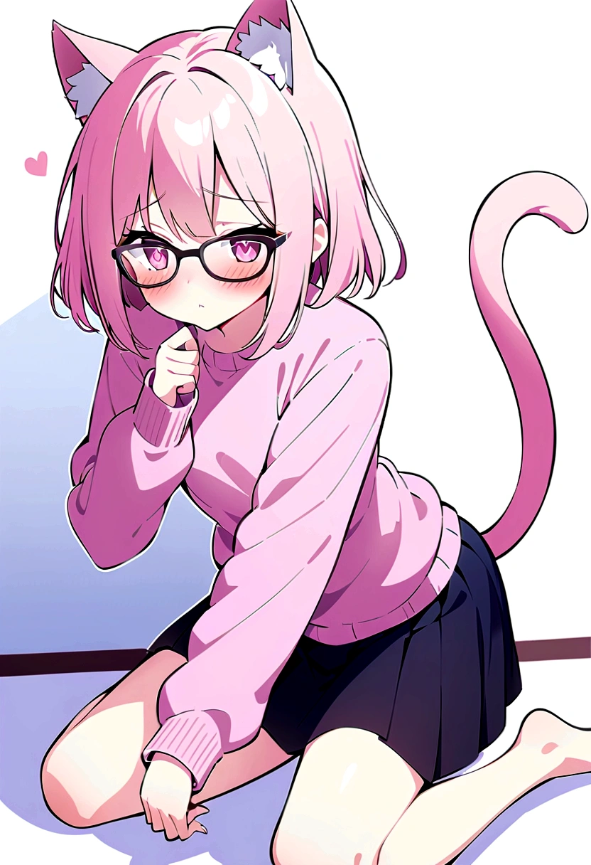 I have white pink hair, cat ears, a bun, my face is super blushing, black glasses, pink heart eyes, a big pink sweatshirt, a black skirt, black stockings, white shoes, a cat&#39;s tail, a girl. Very shy