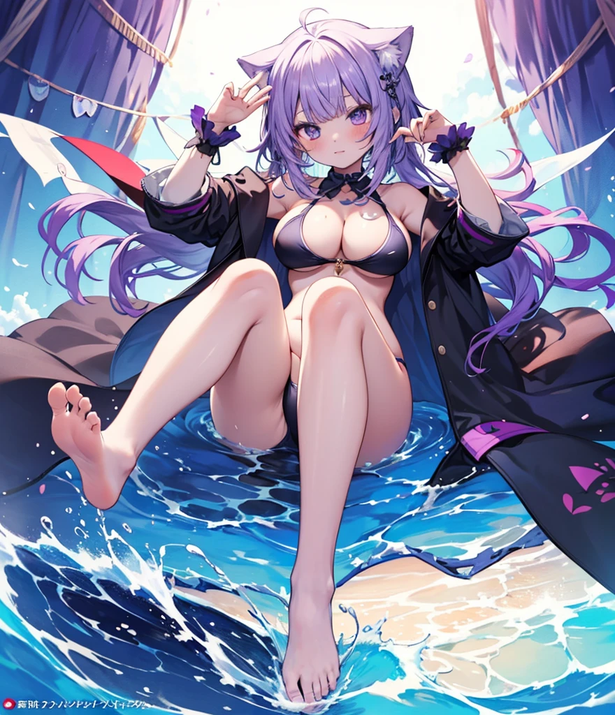 (masterpiece), (Top quality anime illustrations), Emphasize cleavage、Swimwear、Cat porridge、Purple hair color、Swimwear、The soles of the feet are visible、Spread your legs、Wide-open legs、Showing off big breasts、nude、Big breasts beautiful whole body、Plump thighs、Footjob