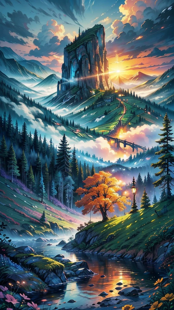 a warm scenary, gorgeous, dark, life, nature, flowers, water, gorgeous tree,mountain, valleis, fog, spectral,magic, happy,relaxing, lofi, sunset, cozy, superior, artistic, clouds, dynamic, rich composition, intricate, detailed, ,landscape, digital art, love, colorful, heaven clouds,beautiful sky,, accommodate,