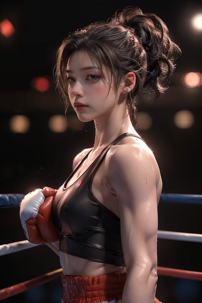 ((masterpiece, highest quality, Highest image quality, High resolution, photorealistic, Raw photo, 8K)), Boxing match, female athletes punching each other in the lights, wet bodies, profiles of athletes looking across, 