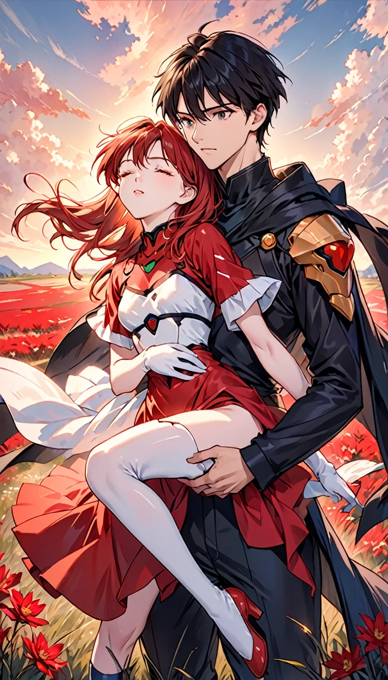 A dramatic fantasy scene at sunset in a crimson grass field. A young, attractive man with short black hair, pale skin, and red-pupiled eyes is carrying an unconscious, beautiful woman in his arms. The man wears a dark armored outfit with a black cape and hood, giving him a “battle mage” appearance. The woman wears an imperial-style dress with golden armor accents, but it is damaged, revealing her slender, sensual figure. She resembles Asuka Langley from Evangelion, but without any futuristic or technological elements - the style should be completely medieval/fantasy. The two characters are facing the viewer, with the man having a determined, confident expression while the woman is completely unconscious and eyes closed. Ensure the anatomy and positions of the two separate characters are natural and realistic, without any fusion or unnatural limb placements.