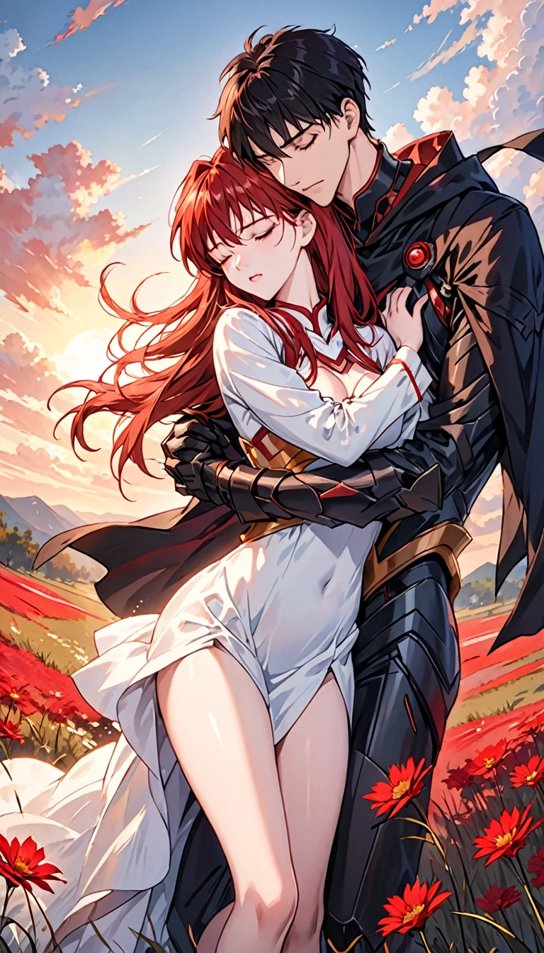 A dramatic fantasy scene at sunset in a crimson grass field. A young, attractive man with short black hair, pale skin, and red-pupiled eyes is carrying an unconscious, beautiful woman in his arms. The man wears a dark armored outfit with a black cape and hood, giving him a “battle mage” appearance. The woman wears an imperial-style dress with golden armor accents, but it is damaged, revealing her slender, sensual figure. She resembles Asuka Langley from Evangelion, but without any futuristic or technological elements - the style should be completely medieval/fantasy. The two characters are facing the viewer, with the man having a determined, confident expression while the woman is completely unconscious and eyes closed. Ensure the anatomy and positions of the two separate characters are natural and realistic, without any fusion or unnatural limb placements.