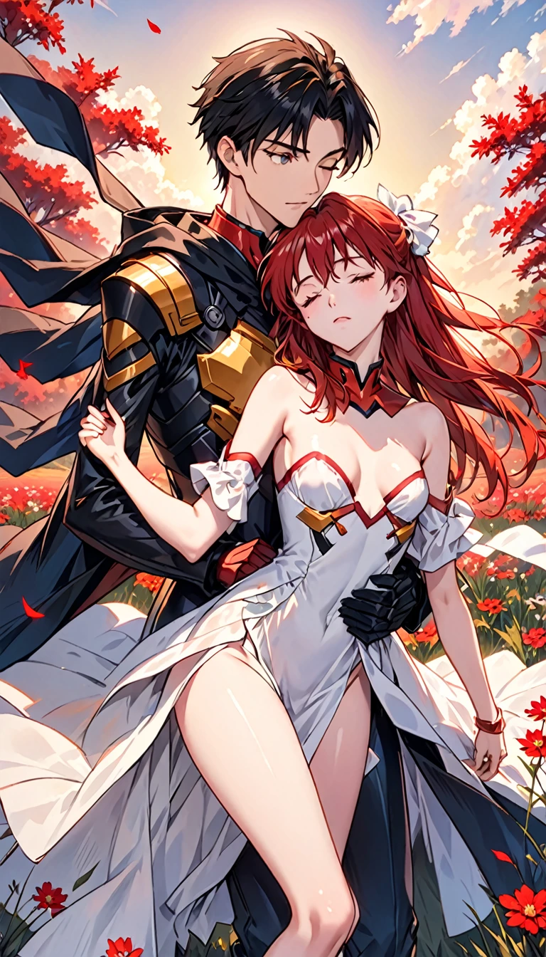 A dramatic fantasy scene at sunset in a crimson grass field. A young, attractive man with short black hair, pale skin, and red-pupiled eyes is carrying an unconscious, beautiful woman in his arms. The man wears a dark armored outfit with a black cape and hood, giving him a “battle mage” appearance. The woman wears an imperial-style dress with golden armor accents, but it is damaged, revealing her slender, sensual figure. She resembles Asuka Langley from Evangelion, but without any futuristic or technological elements - the style should be completely medieval/fantasy. The two characters are facing the viewer, with the man having a determined, confident expression while the woman is completely unconscious and eyes closed. Ensure the anatomy and positions of the two separate characters are natural and realistic, without any fusion or unnatural limb placements.