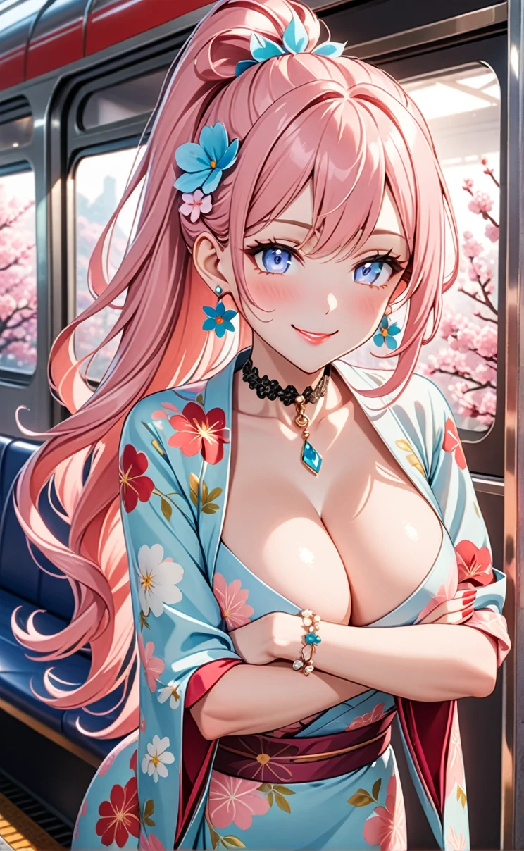 ultra-detailed, ((one girl)), (pale skin:1.3), in pastel colors gyaru, (heavy makeup), hyper detailed, absurdres, 8K, Beautiful Face, (Laugh shyly), ((teasing smile:1.8)), ((Wink:1.7)), (Laugh with your mouth wide open),((Tilt your head:1.6)), View your viewers, ((Bright red cheeks:1.6)),Glossy Red Lips, ((Big Breasts:1.5)), (show off breast), (nipples slip), noon, on the train, (Brighten your face), ((Anime style background)),masterpiece, Highest quality, so beautiful,Latest, Complex details, (Pink long nails), (nail art), (ring),(bracelet), (Floral Choker),AI-generated, Complex,High resolution, Highest quality, super high quality,3D Images、3D Images,One person,Pastel pink long hair,(High Ponytail), (wavy hair:1.3), Pastel anime woman posing for a photo, ((Fine grain、blue eyes、glowing eyes:1.4)), (Squint your eyes:1.1),a hyperRealistic , hyperRealistic , Realistic,Anime woman with long pastel pink hair, Smooth anime CG art, A girl in a gorgeous pastel-colored kimono, ((Pastel-colored furisode)),(Pink large floral pattern), ((undressing)), Long flower hair ornament,Floral Earrings,Mature Body, tall,Narrow waist, ((leaning forward with her arms crossed under her chest:1.5)),(front view),