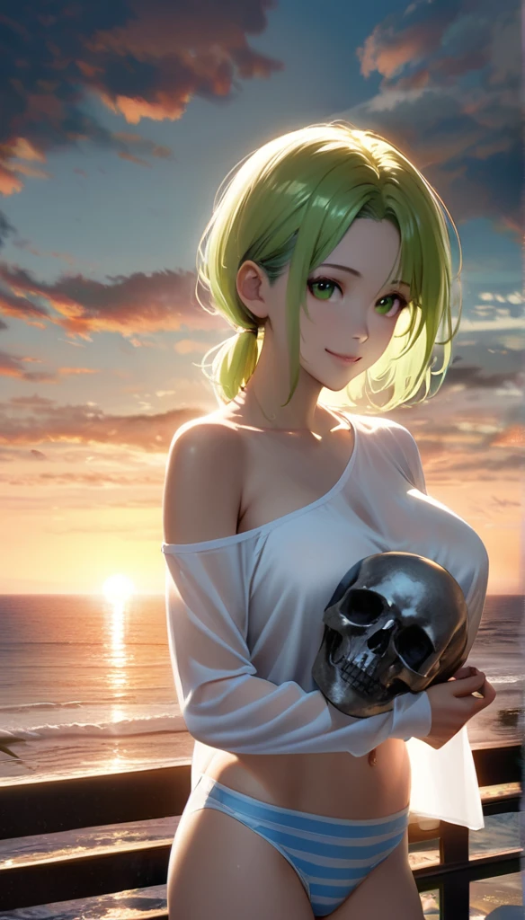 volumetric lighting, lifelike 8k CG, extremely high resolution keyvisual, charming and cute girl, clear face, green hair, parted bangs, short low ponytail, green eyes, big breasts, BREAK, standing, hugging a skull between breasts with hands, smile, topless, translucent shirt, off shoulder, midriff, striped panties, blue sky, ocean view terrace,