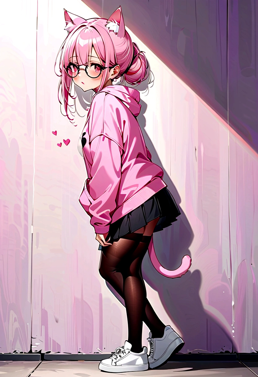 I have white pink hair, cat ears, a bun, my face is super blushing, black glasses, pink heart eyes, a big pink sweatshirt, a black skirt, black stockings, white shoes, a cat's tail, a girl. very shy that she is glued to a wall with her butt