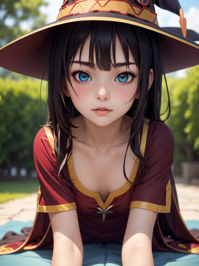 (masterpiece, Highest quality), One girl, Megumin(A blessing to this wonderful world), One girl, alone, Long Hair, Black Hair, Witch Hat, Red Long T-shirt, Magic Runs Out, Weakness, (Prone:1.6), Heterochromia iridis