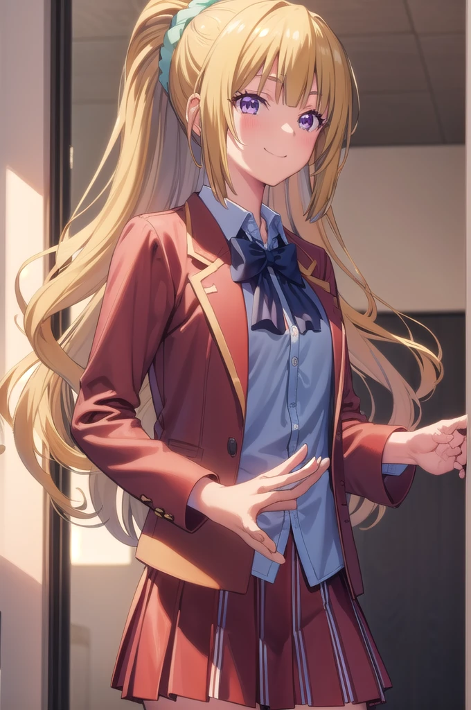 keikaruizawa, kei karuizawa, Long Hair, bangs, blunt bangs, (Purple eyes:1.1), Blonde, shirt, hair ornaments, ponytail, Scrunchie, blue Scrunchie, smile, break skirt, shirt, bow, , Jacket, (red Jacket:1.2), Pleated skirt, bowtie, sweater, (blue bow:1.2), (blue shirt:1.2), break indoors, classroom, break looking at viewer, (Cowboy Shot:1.5), break (masterpiece:1.2), Highest quality, High resolution, unity 8k wallpaper, (figure:0.8), (Beautiful attention to detail:1.6), Highly detailed face, Perfect lighting, Highly detailed CG, (Perfect hands, Perfect Anatomy)