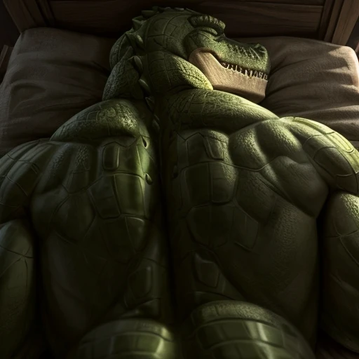 A muscle green male alligator, a muscle green male lizardmen , sleeping showing his back, very close tired detailed face, perspective of face