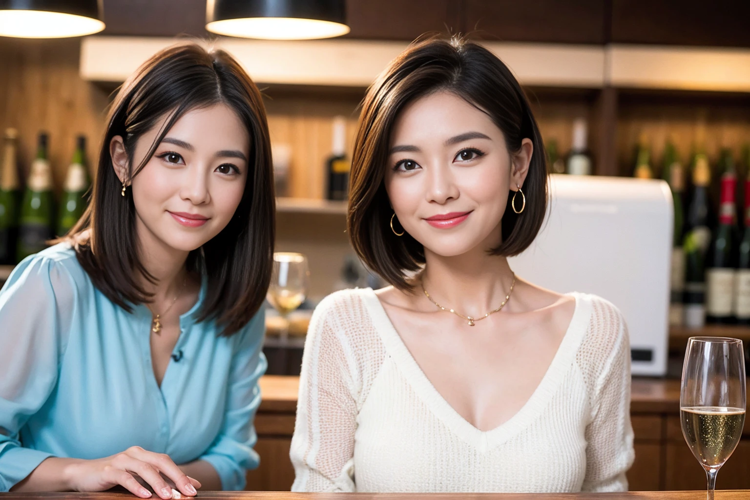 ((Highest quality、8K、masterpiece:1.3))、Slim Model、cute、Slim Couple、Model Couple、The best smile、Happy Smile、45 years old 42 years old、Shortcuts、Upper Body、(Realistic, Intricate details:1.2), Beautiful Model、Beautiful actress, (Brown Hair), (White skin),full-course dinner、Wine Party、Amazing view of the sunset sky and clouds、Sweet eye angle, Ultra HD 8K, Ultra-realistic, photograph, Cinematic, photograph, Wide-angle, Detailed Visuals, 3D Rendering, Soft texture, Realistic, Close up zoom in, (Front view), ((View your viewers)), Perfect corner angle, Thin lips, Natural Beauty, (soft and super White skin), Perfect Skin, (masterpiece), (Beautiful attention to detail), (Makes your face smaller), No makeup, Skinny Wine Bottle、Champagne、sparkling wine、Two beauties、Brown Hair、Shortcuts、Long sleeve shirt、dress、