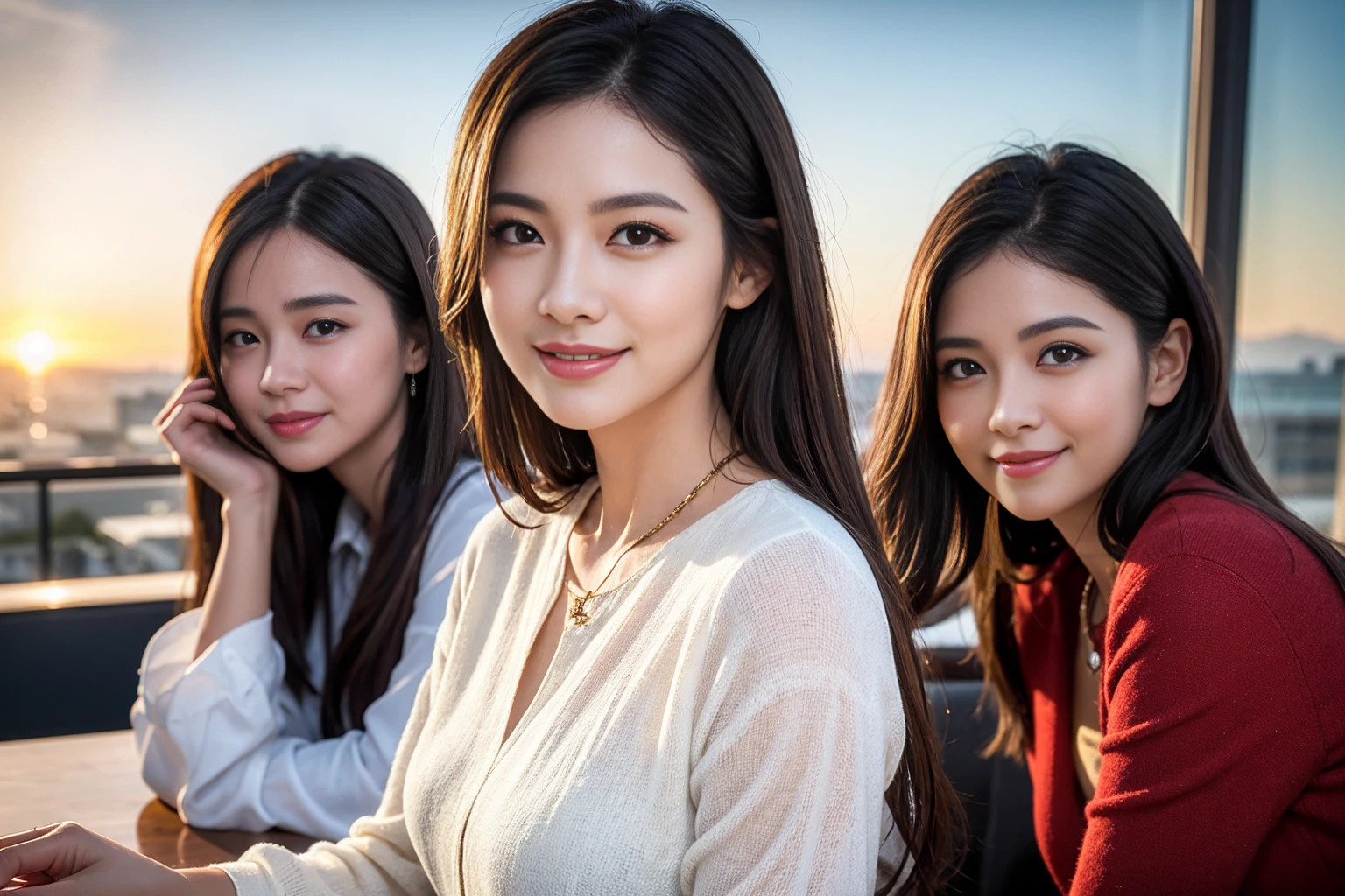 ((Highest quality、8K、masterpiece:1.3))、Slim Model、cute、Slim Couple、Model Couple、The best smile、Happy Smile、45 years old 42 years old、Shortcuts、Upper Body、(Realistic, Intricate details:1.2), Beautiful Model、Beautiful actress, (Brown Hair), (White skin),full-course dinner、Wine Party、Amazing view of the sunset sky and clouds、Sweet eye angle, Ultra HD 8K, Ultra-realistic, photograph, Cinematic, photograph, Wide-angle, Detailed Visuals, 3D Rendering, Soft texture, Realistic, Close up zoom in, (Front view), ((View your viewers)), Perfect corner angle, Thin lips, Natural Beauty, (soft and super White skin), Perfect Skin, (masterpiece), (Beautiful attention to detail), (Makes your face smaller), No makeup, Skinny Wine Bottle、Champagne、sparkling wine、Two beauties、Brown Hair、Shortcuts、Long sleeve shirt、dress、