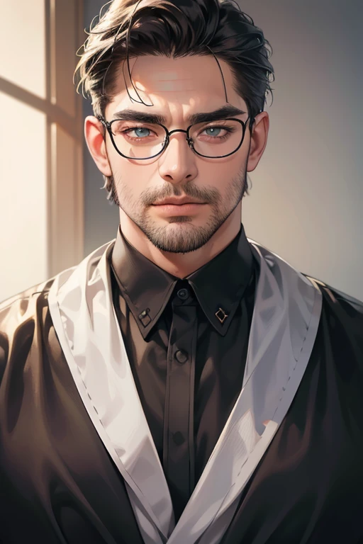 (Best quality,4K,8K,a high resolution,masterpiece:1.2),ultra detailed,(realistic,photorealistic,photo-realistic:1.37),39 year old man,3 day beard,Beautiful anime,portraits,strong,masculine,dark hair,Sharp jawline,Mesmerizing eyes,Perfectly styled hair,cool anime outfit,confident expression,bright colors,dynamic lighting, grey eyes, (black shirt, glasses on face)
