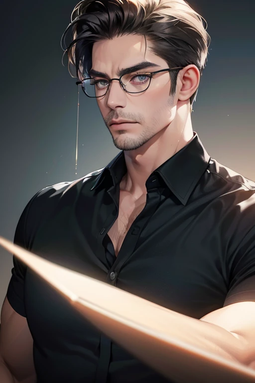 (Best quality,4K,8K,a high resolution,masterpiece:1.2),ultra detailed,(realistic,photorealistic,photo-realistic:1.37),39 year old man,3 day beard,Beautiful anime,portraits,strong,masculine,dark hair,Sharp jawline,Mesmerizing eyes,Perfectly styled hair,cool anime outfit,confident expression,bright colors,dynamic lighting, grey eyes, (black shirt, glasses on face)
