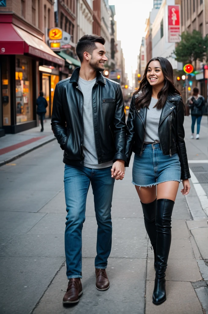 Cute couple walking on the city avenue, in love