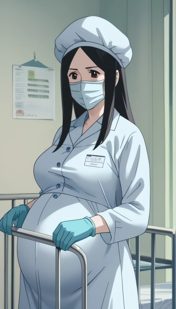 score_9,  score_8_up, score_7_up, source_anime, raw image, masterpiece, highest quality, natural light, patient room background, kasuganoray, good shape, pale skin, shy eyes, big breasts, scrubs, surgical mask, bouffant cap, long sleeve patient uniform,
1girl, pregnant, solo, rubber gloves, looking down, furrowed brow, hospital bed, standing, even though she's pregnant she has a good figure, 