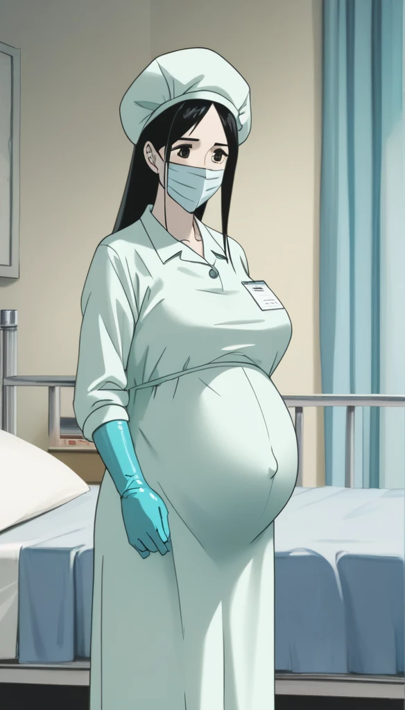 score_9, score_8_up, score_7_up, source_anime, raw image, masterpiece, highest quality, natural light, patient room background, kasuganoray, good shape, pale skin, shy eyes, big breasts, scrubs, surgical mask, bouffant cap, long sleeve patient uniform,
1girl, pregnant, solo, rubber gloves, looking down, furrowed brow, hospital bed, standing, even though she's pregnant she has a good figure,