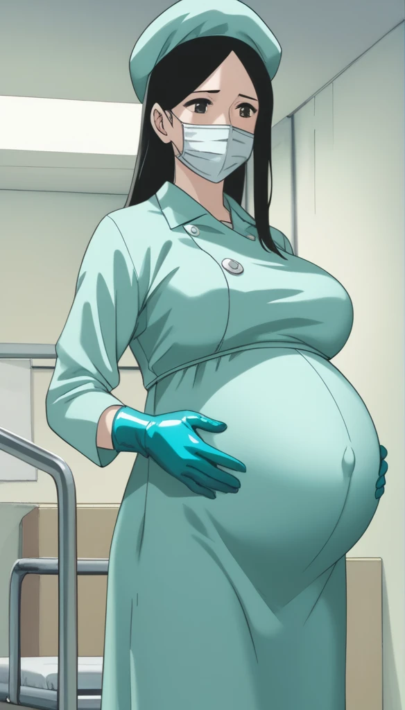 score_9,  score_8_up, score_7_up, source_anime, raw image, masterpiece, highest quality, natural light, patient room background, kasuganoray, good shape, pale skin, shy eyes, big breasts, scrubs, surgical mask, bouffant cap, long sleeve patient uniform,
1girl, pregnant, solo, rubber gloves, looking down, furrowed brow, hospital bed, standing, even though she's pregnant she has a good figure, 