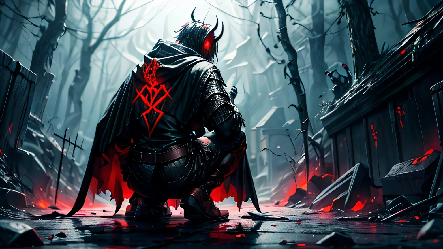Create a detailed illustration of the devil making a pact with a man. The scene must be set in a dark and spooky place. The demon must clearly be a menacing creature with dark, scaly skin, wings folded behind his back and glowing red eyes. His claws must be sharp and he must be holding an ancient, tattered scroll with mysterious runes.. The human must be kneeling before the devil, looking both fearful and determined. It must clearly be a human, dressed in medieval attire, with a hooded cloak that partially hides his face. Your hand must be extended to shake the demon's claw, symbolizing the pact that is being made. Around them, There must be a circle of glowing runes carved into the ground., emitting a dim and ominous light. The atmosphere should be tense and mystical, with mist swirling around your feet. Add small details like wisps of smoke, floating embers. Make sure the characters are clearly a demon and a human, not other different creatures.