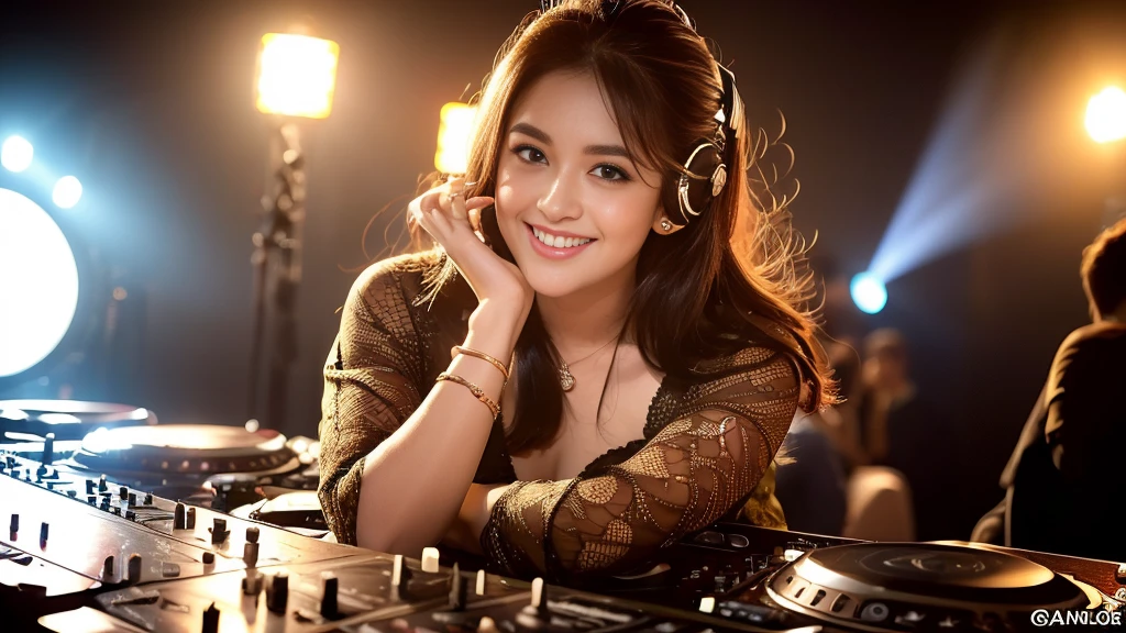 (ultra - detailed, 16K resolution, Cinema lenses, rendering by octane), (high resolution:1.18), intricate detail, (masterpiece:1.1), (highest quality:1.1), (1girl, portrait, white hair, blue eyes, long hair, detailed eyes),Wearing red DJ headphones,  a beautiful woman with a slender figure, (dark brown layered hairstyle), wearing a pendant, ((kebaya_bali)), modern plain hot deep neck top and dupatta, shy, medium portrait, watery eyes, wearing red kebaya, well-proportioned body,, chubby massive thighs, Hena art on the body, hena art on arms , Smile while DJing on stage, The spotlight shines on the female DJ. Photorealistic photography by Disco Lighting, (cute round face:1.3),perfect fingers, five fingers, beautiful hands, perfect hands. master peace, cute smile.