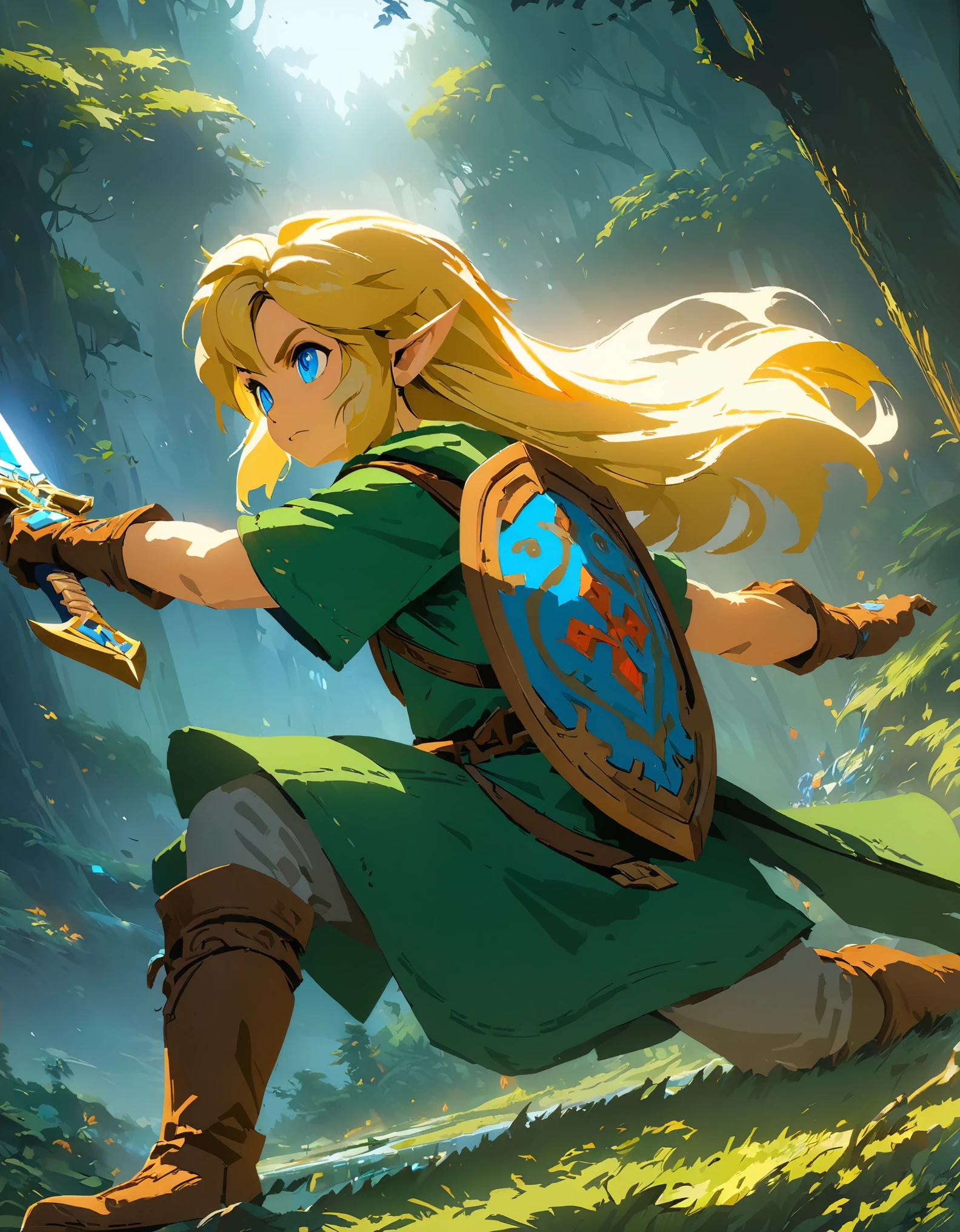 The Legend of Zelda, Link, Long blonde hair and blue eyes, Wearing a green tunic and brown leather boots, With a sword and shield, Forest Trees々を背景にした壮大なFantasyの風景, (Detailed face), Intricate details, Ready your sword, Action Scenes, Face Close Up, Bright colors, Dramatic lighting, Fantasy, Concept Art, Digital Painting, (Highest quality, 8K, High resolution, masterpiece:1.2), Super detailed, (Computer Graphics, Digital Artistic:1.37).