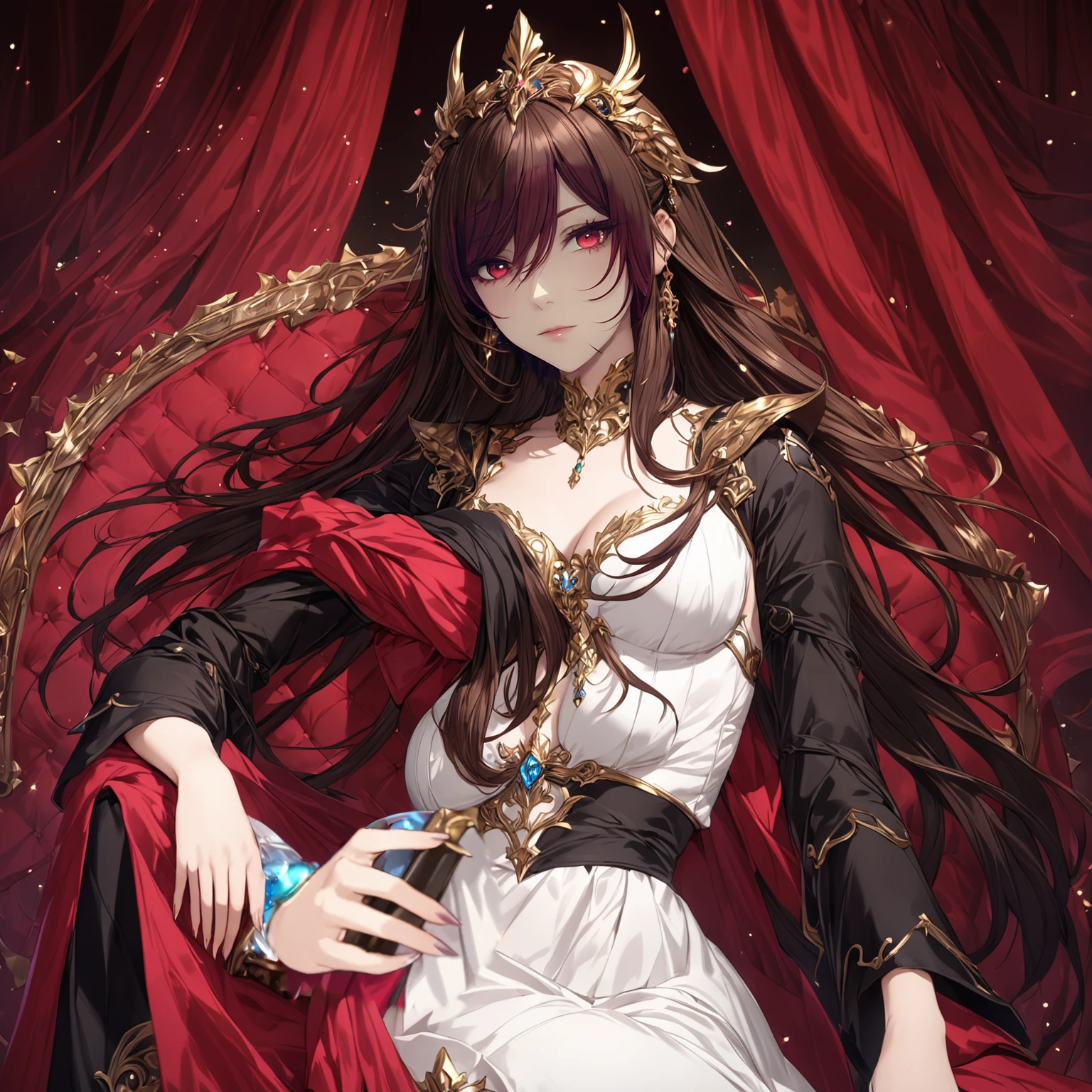 In this quiet bedroom, the black-haired female emperor sitting on the edge of the bed looked shy and feminine. She wore a gorgeous red long dress, her long black hair was draped over her shoulders, and her pretty face showed a brave and gentle demeanor. She sat on the edge of the bed, her knees gently pressed together, her left hand supporting her chin, and her right hand caressing the hem of her skirt, like a gentle bird. The whole picture is dominated by light pink and deep red, highlighting the gentleness and beauty of the female emperor. The background is night The female emperor shows a shy and gentle temperament through her expressions and body language. Her eyes spread a kind of clarity and softness, as if giving people a sense of courage and comfort. Her body language does not hide her shyness, which is a delicate and feminine expression. The whole picture conveys a gentle and idyllic atmosphere. The side face of the female emperor is like a silent picture scroll, making people feel the beauty and emotion of this moment. It is an undisguised tenderness and vulnerability, a treasure that makes people feel emotion, and also shows the tenacity and courage of the female emperor, and her image is even more charming in the combination of softness and perseverance