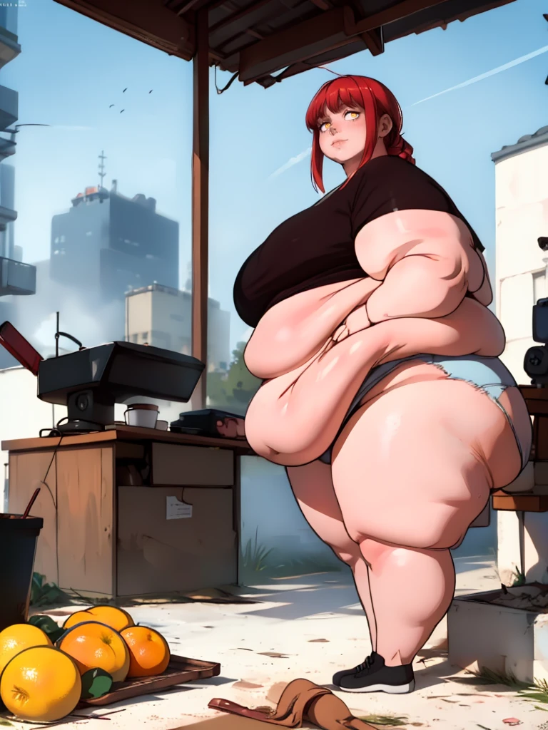 Le personnage Makima de la série animée Chainsaw Man, fragile, obésité morbide, ssbbw, pleine longueur (corps entier 1.1.), fond sombre, obscurité, anatomie correcte 1.1, anatomie correcte de la main, Très féminin, corps gras et rond, grosses Jambes, fesses, beau corps obèse, ventre rond et mou très gras, cheveux roux, Yeux oranges, Cercles rouges pour les écoliers, chemise blanche, jupe noire, cravate noire, pose sexy, réaliste, very détaillé, beau corps, détaillé body, détaillé hands, détaillé, vibrant, détaillé Face, Conception des personnages de Makima. very détaillé, détaillé body, détaillé hands, détaillé Face, Art animé, Hugh Détails, Visage très abattu, détaillé eyes, Illustration ultra fine, Meilleure ombre, détail fin, beautiful détaillé glow, beautiful détaillé, Extraordinairement beau, extremely détaillé, inexpressif, composition épique, Style animé. art animé, Style animé. Jupe noire, chemise blanche, cravatte, pose sexy. Double menton, visage très gras, grosses joues, joues potelées