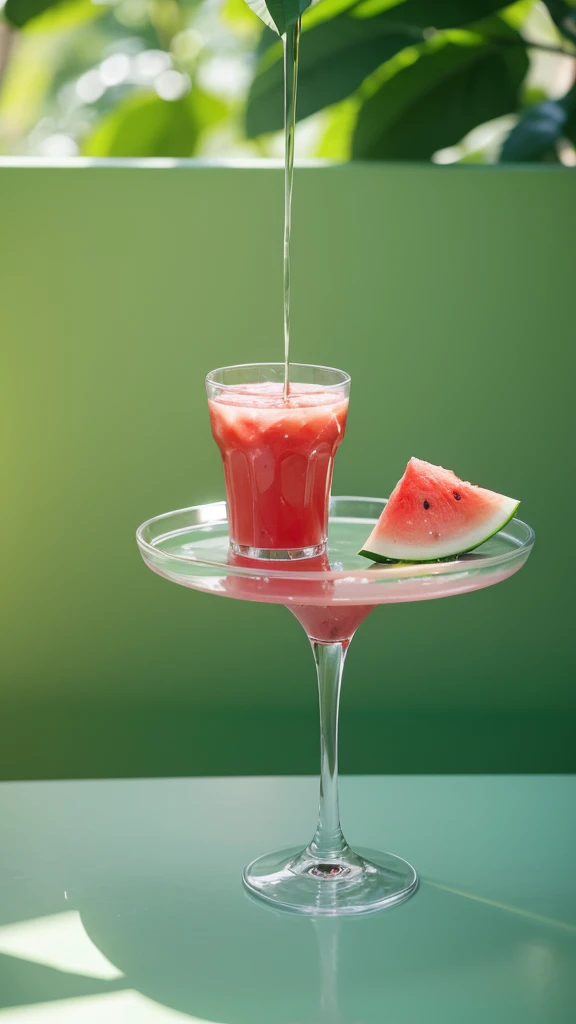 Artistic atmosphere，Art Photography，elegant，A glass of watermelon juice on the table，Very tempting，Green Leaf，HD Photography，The background is a wall，Solid color background，Clean background，Background blur，Artistic sense，Depth of Field，Ultra-clear，Close Range