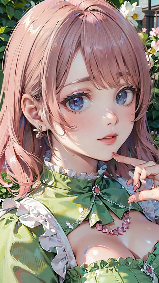 (Masterpiece, BestQuality:1.3), (ultra detailed:1.2), (hyperrealistic:1.3), (RAW photo:1.2), High detail RAW color photo, professional photograph, (Photorealistic:1.4), (realistic:1.4), (Pink Hair:1.5), professional lighting, perfect anatomy, (Big Breasts:1.2), (blush, detailed face), (cheerful Smile:1.5), Trending Hair&Trending Hairカラーをランダムに, earrings, necklace, bracelet, sexly, erotic sexly, Random sexy gravure poses, (A beautiful and elegant woman wearing a light green frilled dress、Smiling among flowers in the garden、Pearl Earrings、Pose with flowers in hand。:1.3)