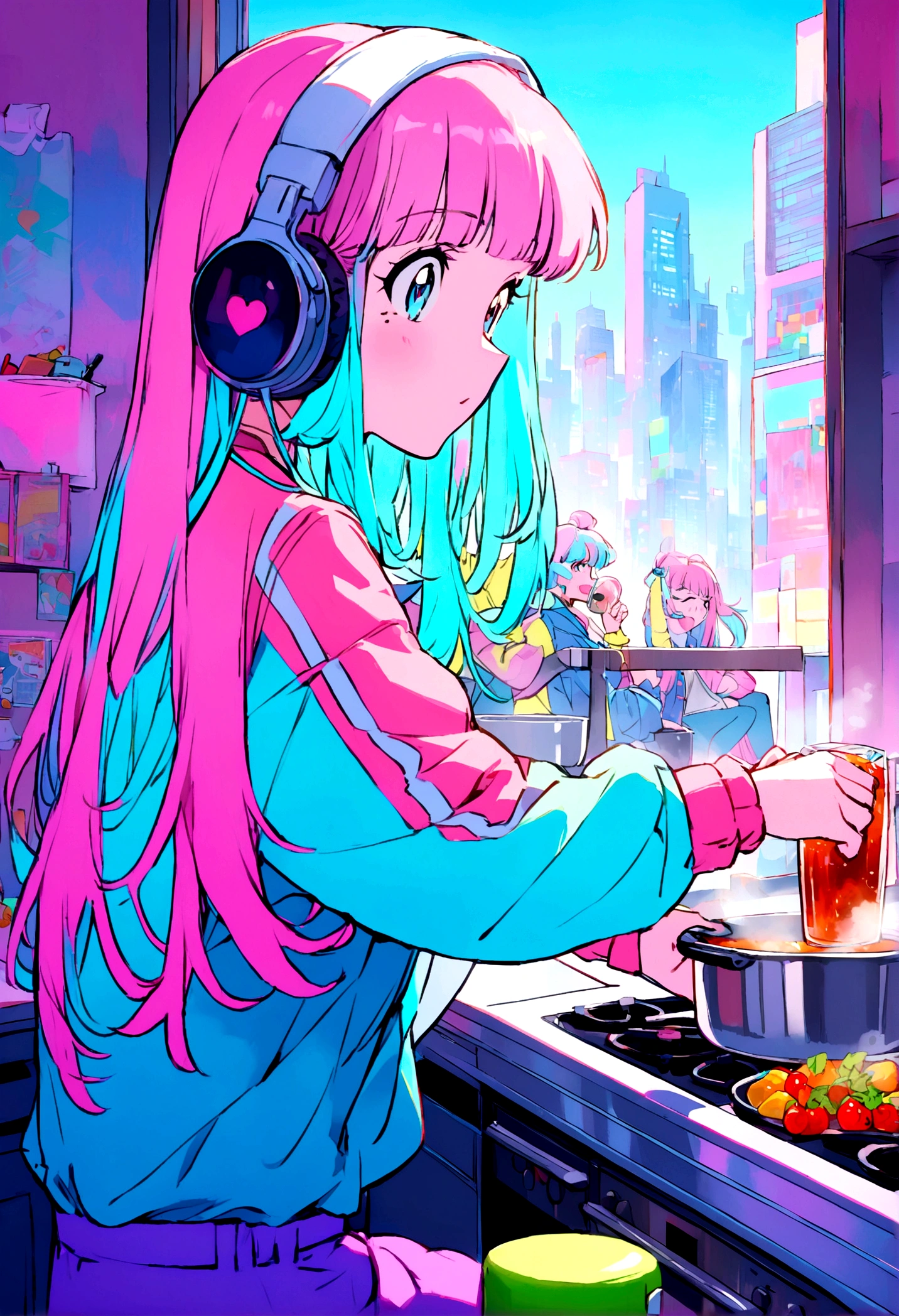 Pink and blue hair girl, soda, Inspired by 90s anime, Cyberpunk City, praise, colorful, listen to music, Pink Hair, Blue Hair、Cooking at home
