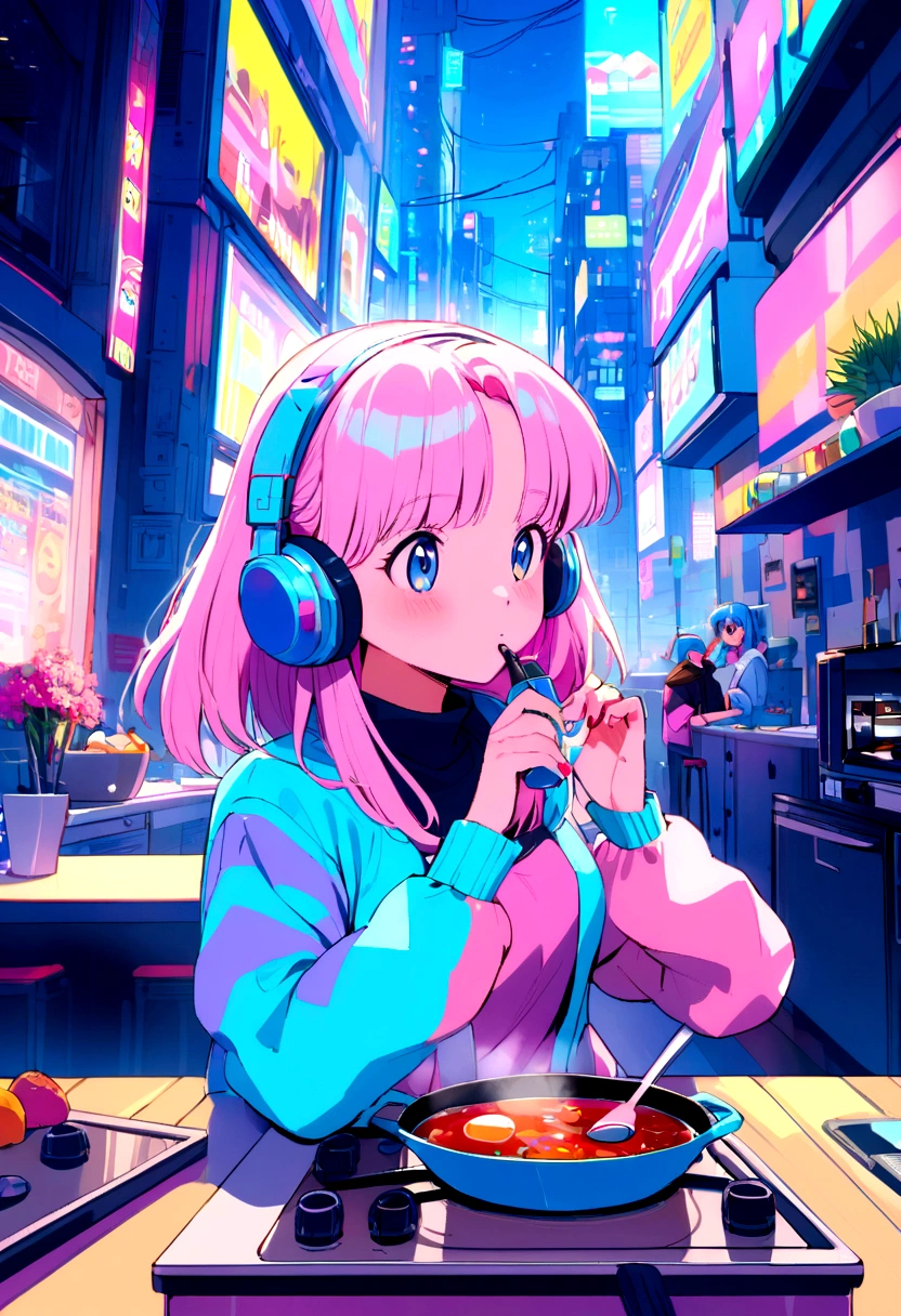 Pink and blue hair girl, soda, Inspired by 90s anime, Cyberpunk City, praise, colorful, listen to music, Pink Hair, Blue Hair、Cooking at home