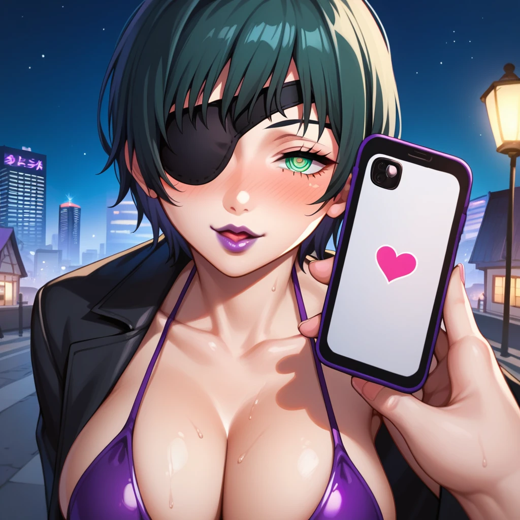  mature female, mature, Adult, himeno, himeno(Chainsaw Man), POV, 1girl, black hair, short hair, eyepatch, solo, hypnosis, brainwashed, blush, phone, heart, eye symbol, rating_questionable, naughty face, rolling_eyes, cross-eyes, pout, stick mouth, sharp mouth, purple lips, shaking head, Villains, chest, View your audience, Night town, City, skyscraper, Night, Dark, latex purple bikini under the black cape, masterpiece, Top animation quality，Top image quality,