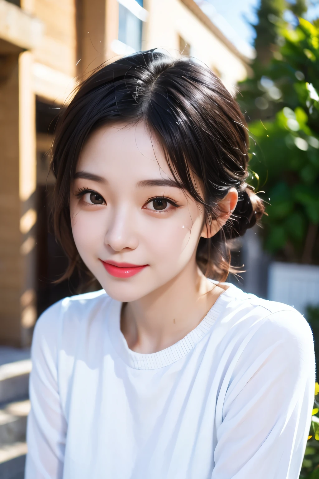 8K,very detailed 눈、more detailed face、best quality、masterpiece、very detailed、very detailed、(realistic、realistic:1.3)、smile、(facing forward)、look at the viewers、white shirt、sunny day、outside the house、1 girl's upper body