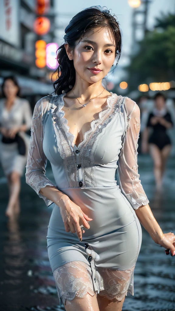 cinematic, Blue hour, (((Ultimate ultra Photorealistic, ultimate high-quality 32k photo))),(((An American shot photo, both arms cross behind back, show groin part, a42yo ultimate beautiful &cute Japanese actress, looking at viewer:1.5))),(((She has a very intelligent and ultimate beautiful Japanese face&black eyes, pointy nose, ultra detailed face, oval face, very blushing cheeks, ultimate well-proportioned face, seductive smile, seductive hips and Waistline))),((black elegant wet short bob, very light naturally makeup)), Accurate depiction of fingers and arms:1.4, (((She has the ultimately perfect nice&Sensual proportions, very just fitted v-neck half sleeve dark brown elegant lacy buttonless Open-collar very wet one piece dress ))), (((white beautiful ultimate realistic glossy wet Japanese lady Fair and beautiful sweaty skin , A simple and modest silver necklace, very Humid and Hot summer evening ,Tokyo business office street)))