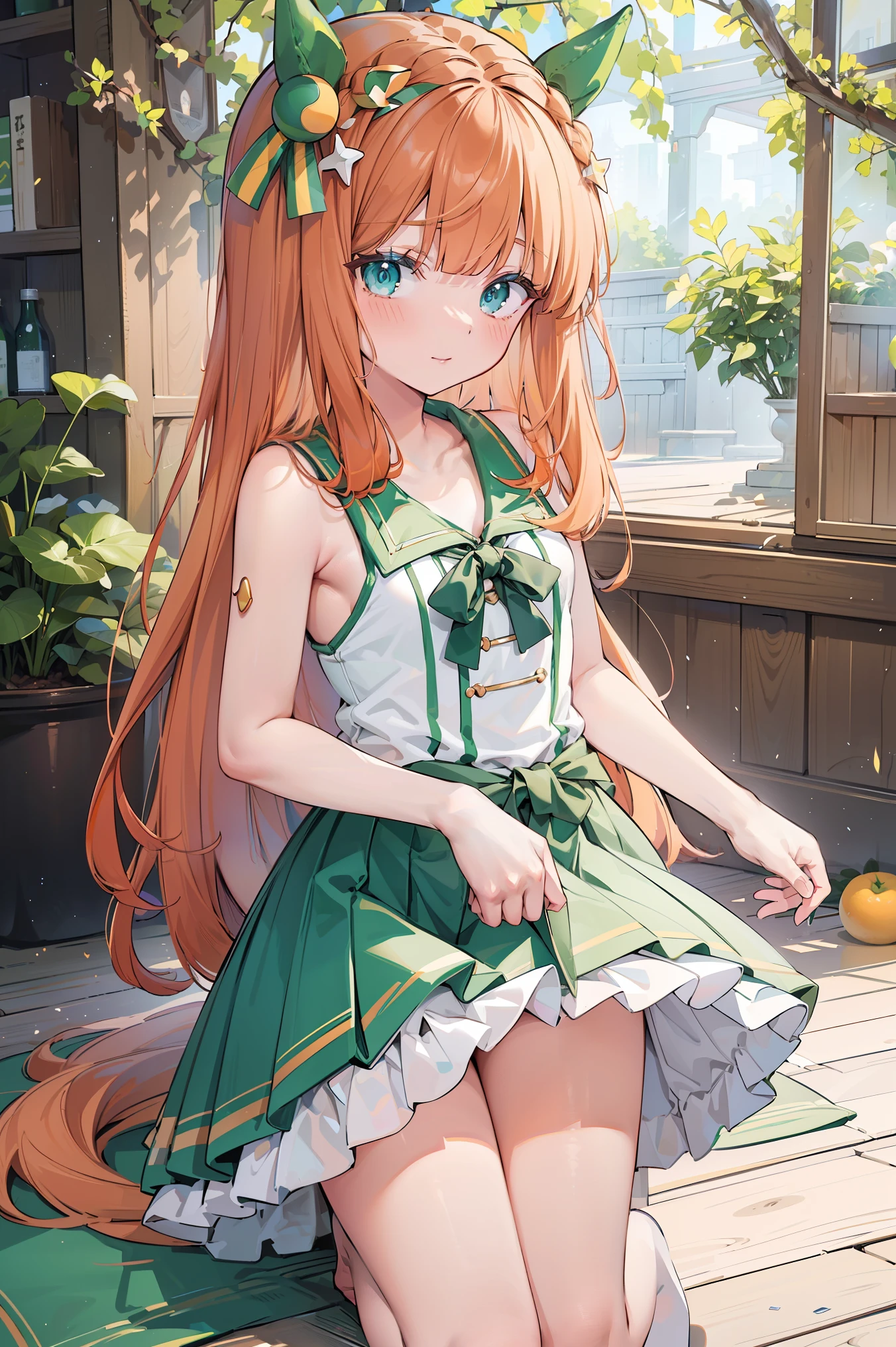 Silence Suzuka、blush,smile、Long Hair、Orange Hair、Horse Girl、Green costume、In uniform、、The back is very small、Lolita、Small breasts、Please show me your armpits、exterior: 14 years old、Shoulder Bicle is visible、Sexy thighs、Beautiful feet、Usual hairstyle、Highest quality, High resolution, ユニティ 8K 壁紙, (shape:0.8), (Beautiful and beautiful eyes:1.6), Highly detailed face, Perfect lighting, Extremely detailed CG, (Perfect hands, Perfect Anatomy),(Highest quality,4K,8K,High resolution,masterpiece:1.2)