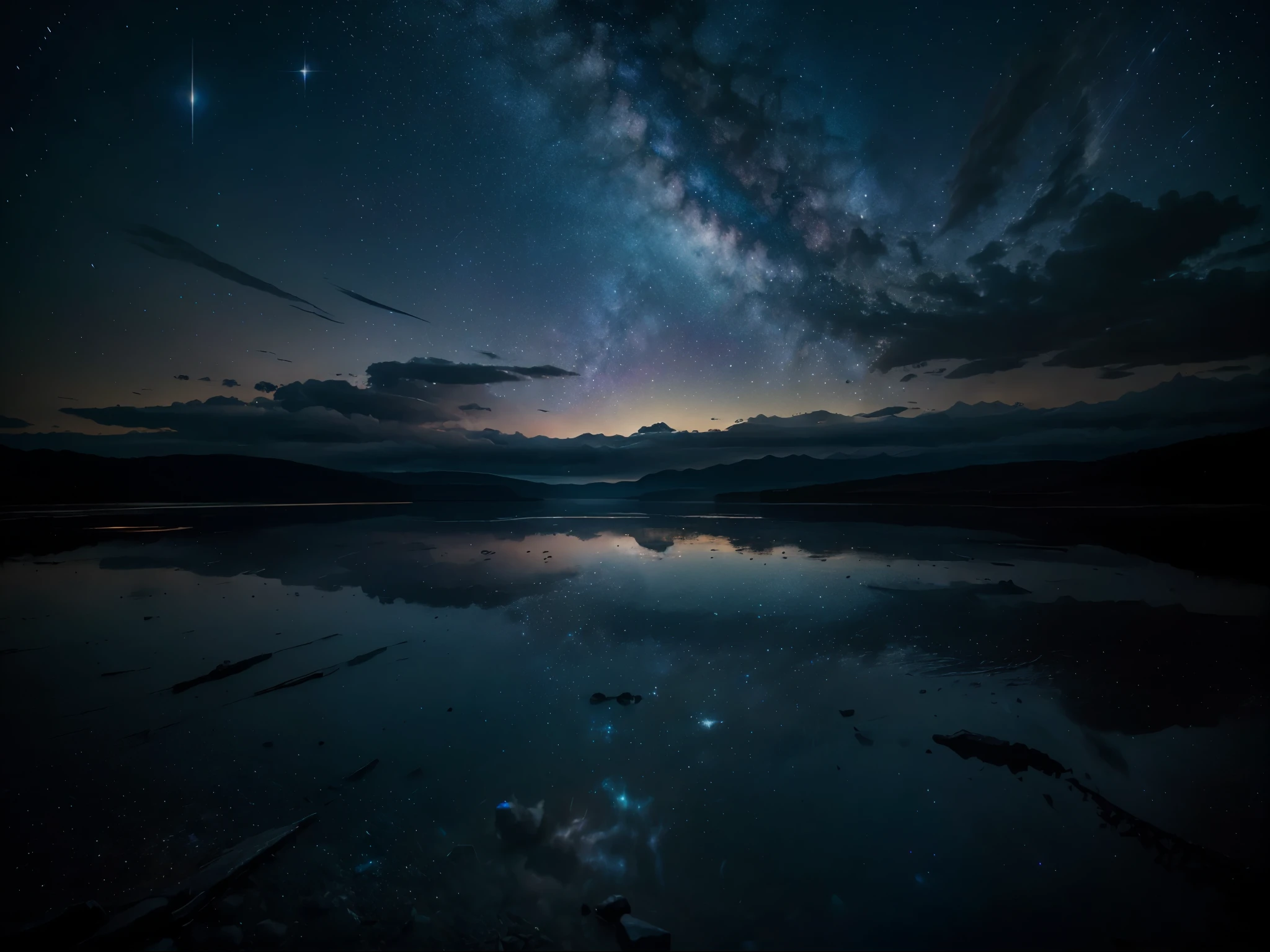 a stunning starry night sky, a breathtaking night landscape, glowing moonlight, detailed stars, swirling galaxies, nebulae, detailed atmospheric lighting, (best quality,4k,8k,highres,masterpiece:1.2),ultra-detailed,(realistic,photorealistic,photo-realistic:1.37),cinematic composition,dramatic lighting,moody atmosphere,serene landscape,intricate celestial details,deep space,vibrant colors,dramatic lighting