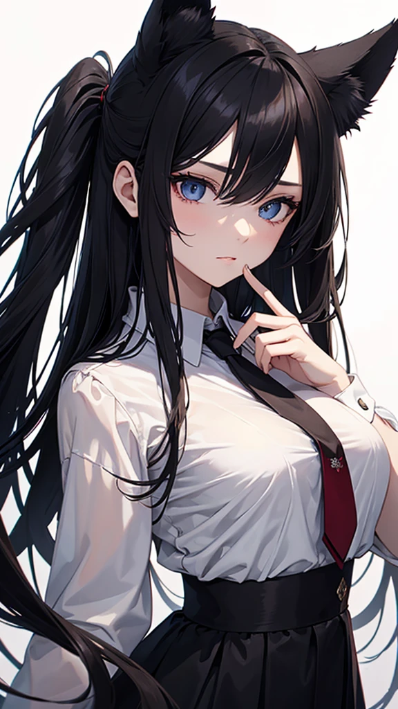 Masterpiece, highest quality, very detailed, official art, beautiful: 1.2), beautiful, (1 beautiful girl), copyright, alone, perfect face, A beautiful, ethereal character with long, flowing black hair with wolf ears. She has amber eyes, close-up, half-body, she is wearing black shirts and a red neck tie, mafia, white background , Cold eyes, detailed eyes, cold expression