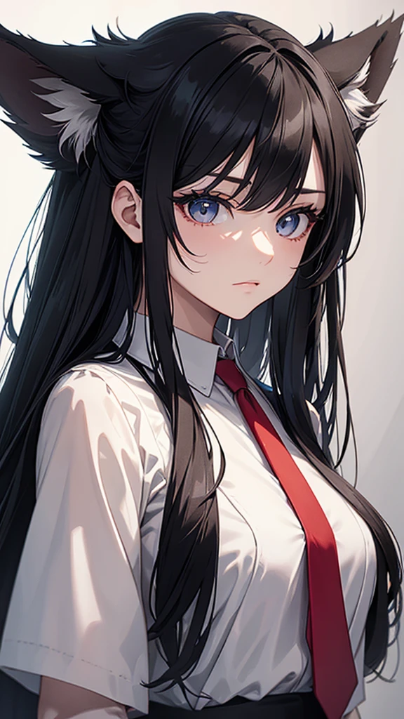 Masterpiece, highest quality, very detailed, official art, beautiful: 1.2), beautiful, (1 beautiful girl), copyright, alone, perfect face, A beautiful, ethereal character with long, flowing black hair with wolf ears. She has amber eyes, close-up, half-body, she is wearing black shirts and a red neck tie, mafia, white background , Cold eyes, detailed eyes, cold expression