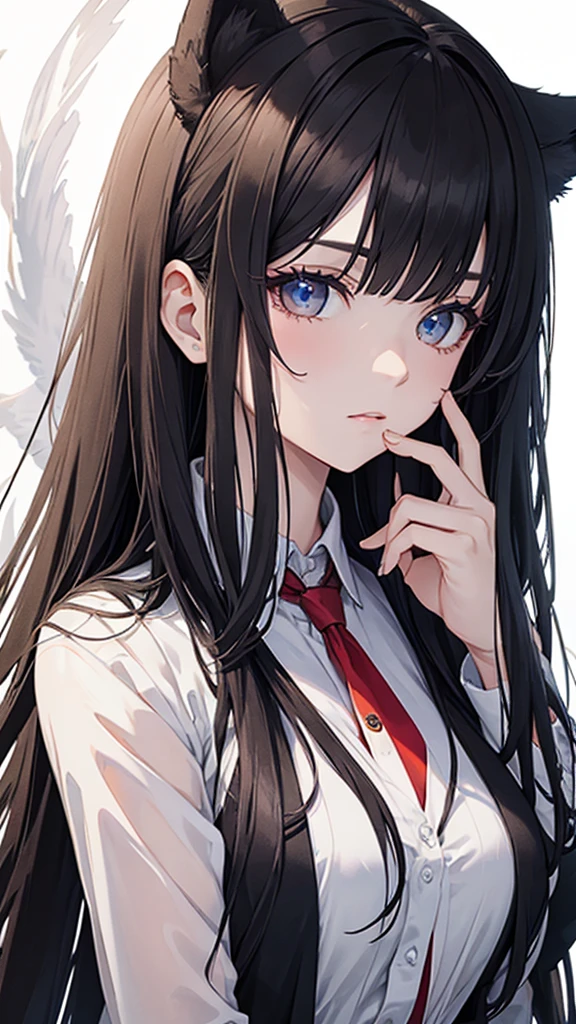 Masterpiece, highest quality, very detailed, official art, beautiful: 1.2), beautiful, (1 beautiful girl), copyright, alone, perfect face, A beautiful, ethereal character with long, flowing black hair with wolf ears. She has amber eyes, close-up, half-body, she is wearing black shirts and a red neck tie, mafia, white background , Cold eyes, detailed eyes, cold expression
