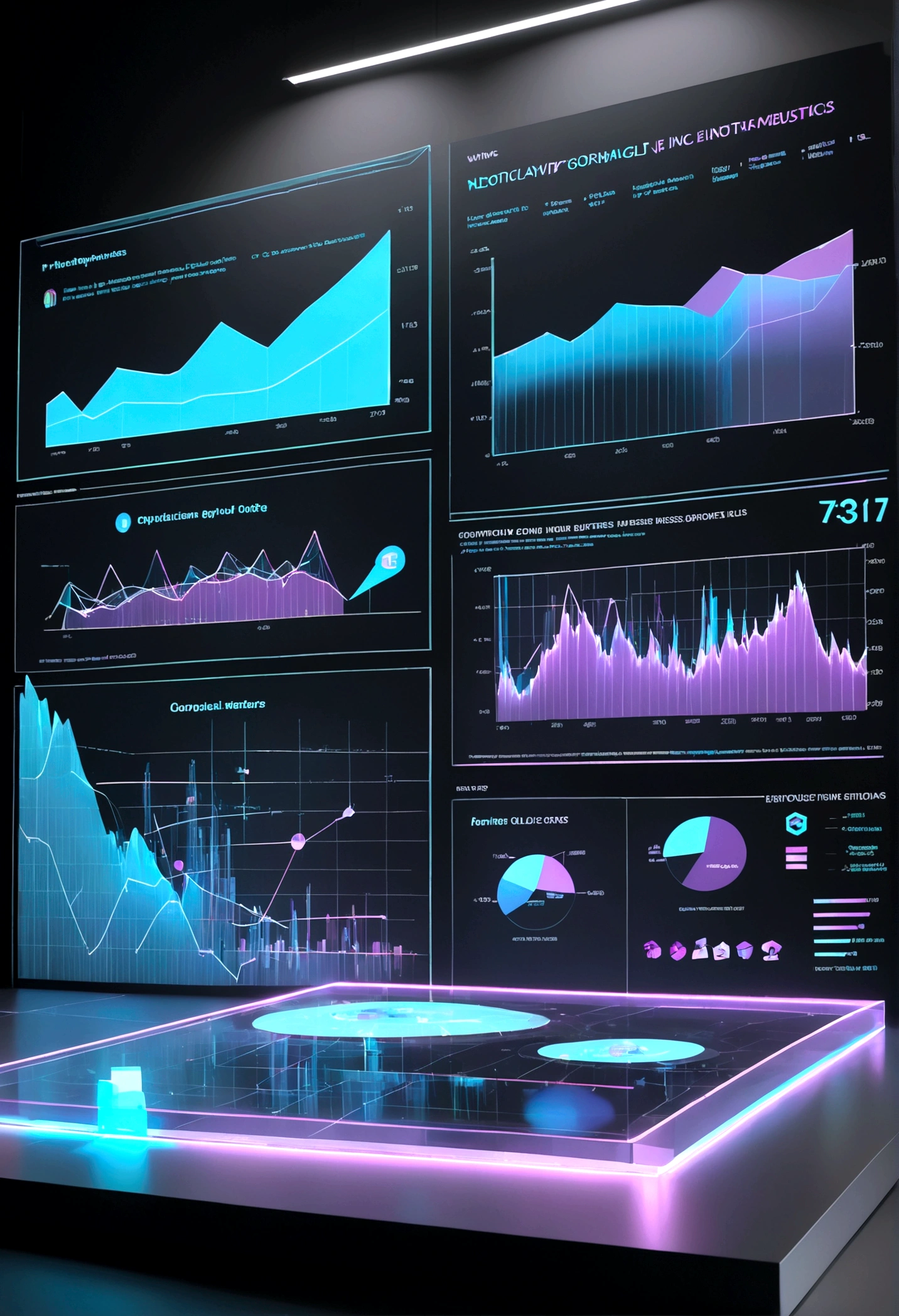 holographic displays, showing innovative business solutions, graphs, and growth metrics